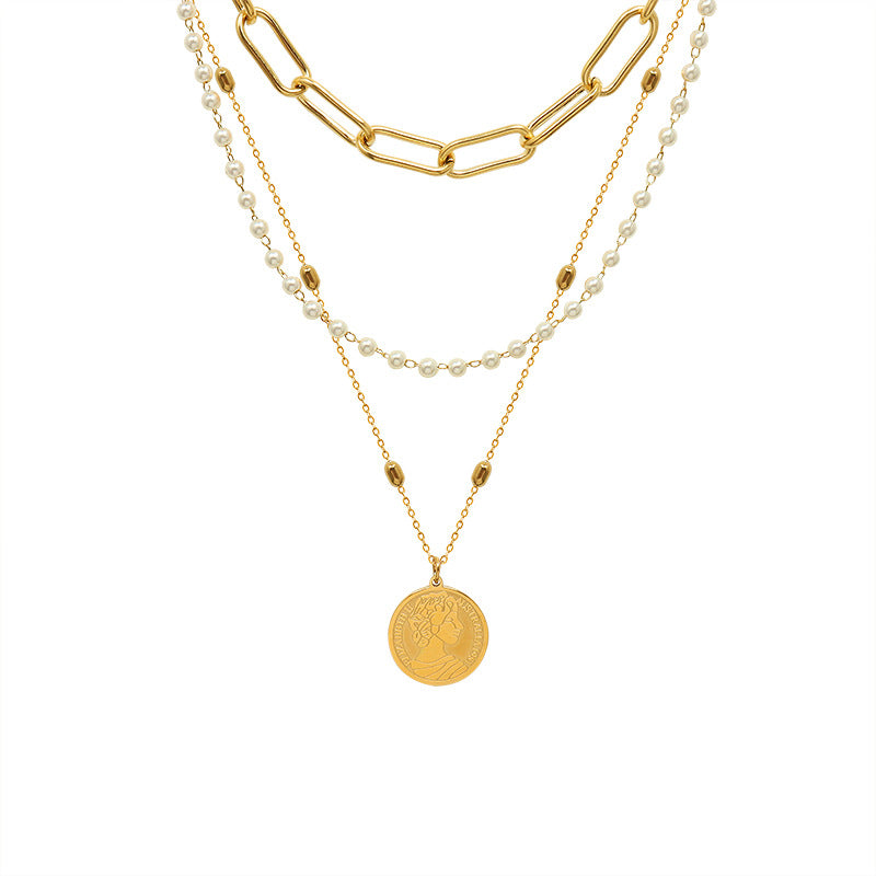 Synthetic Pearl Titanium Steel Three-Layered Necklace