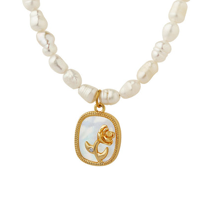 Freshwater Pearl Necklace with Zircon, Colored Shell Relief Floral Pattern Pendant