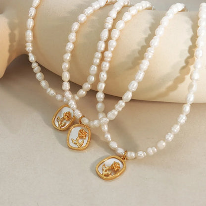 Freshwater Pearl Necklace with Zircon, Colored Shell Relief Floral Pattern Pendant