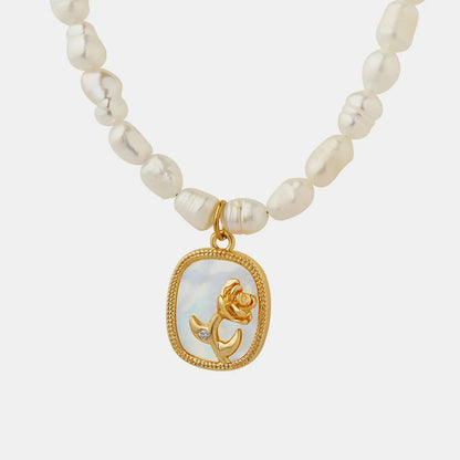Freshwater Pearl Necklace with Zircon, Colored Shell Relief Floral Pattern Pendant
